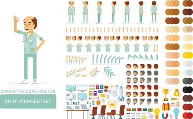 Vector adult man in doctor coat with stethoscope do-it-yourself creation kit. Full length, gestures, emotions - all character constructor elements for building your own design.