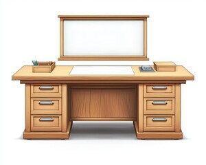A wooden desk with storage drawers and a blank white space above, suitable for office or workspace settings.