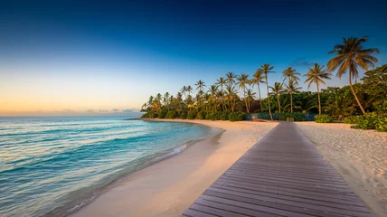 Foto auf Acrylglas Abstieg zum Strand Wooden boardwalk leads to tropical beach at sunrise, turquoise water, palm trees, sandy shore, serene idyllic scene, evokes relaxation and vacation  © PhotoArtHub