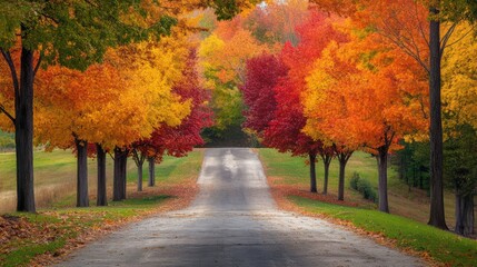 Naklejka premium Autumn road in a forest park with colorful falling leaves