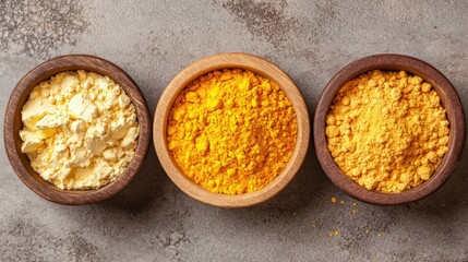 Three bowls of yellow powders soy flour, turmeric, and chickpea flour.