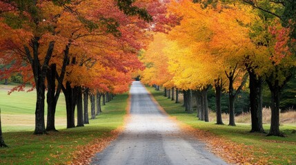 Fototapeta premium Autumn road in a forest park with colorful falling leaves