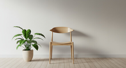 Fototapeta premium Minimalist Living: A study in understated elegance, featuring a wooden chair and a potted plant against a clean wall. A study in form, texture, and tranquility