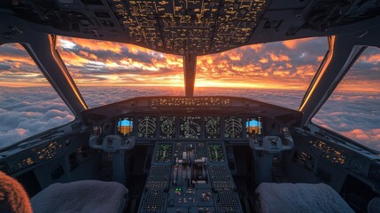 Airplane cockpit view at sunrise over clouds
