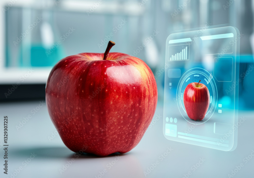 Poster digitally enhanced red apple with futuristic digital interface analyzing fruit in a laboratory