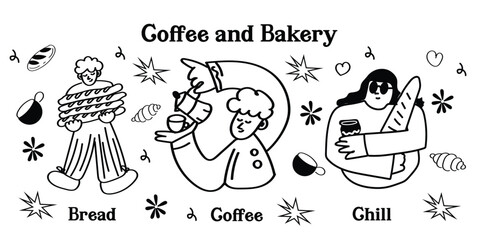 Cute and playful hand-drawn coffee shop icons in vector format. This set includes outline doodles of coffee drinks, bakery treats, café tools, and supplies—ideal for menu design, social media, and coz
