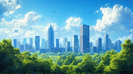 Obraz premium City skyline viewed from lush green park.