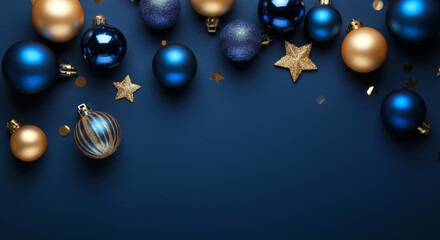 Blue and gold Christmas ornaments and stars on dark background