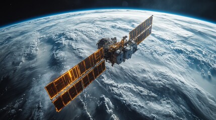 Obraz premium A sophisticated spacecraft orbits Earth, equipped with large solar panels. It transmits crucial telemetry data regarding cosmic radiation and astrobiology back to mission control.