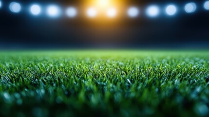 Naklejka premium Close-up of vibrant green grass on a sports field under lights