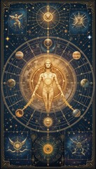 An artistic representation of a celestial theme with constellations and mythological elements, showcasing astrology and cosmic connections.