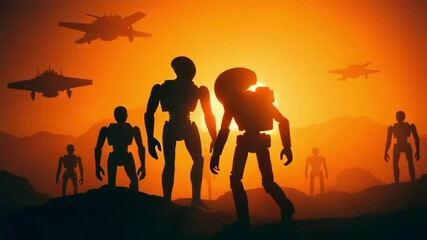 AI generated silhouetted extraterrestrials walking against orange sunset sky with spaceships