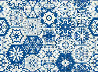Lisbon geometric tile vector pattern, Portuguese or Spanish retro hexagonal mosaic tiles, Mediterranean seamless navy design. Decorative indigo textile background