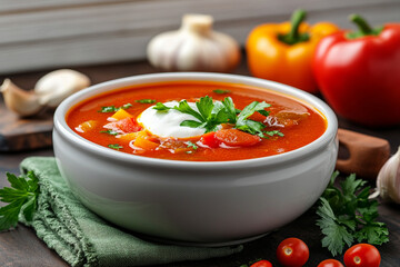 borscht with vegetables in a white bowl on a table, top view. the traditional ukrainian dish borscht, or red beet soup