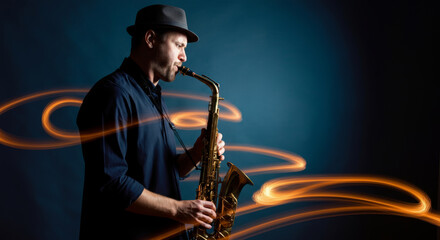 Jazz musician playing saxophone with dynamic light trails on blue background
