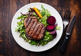 Grilled Steak Plate Presentation with Salad and Vegetables on Dark Table