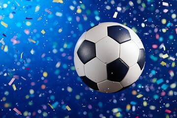 Fototapeta premium Soccer Ball Celebration with Confetti on Blue Background for Sport Events