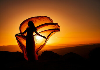 Silhouette of woman dancing with flowing scarf at sunset on mountain