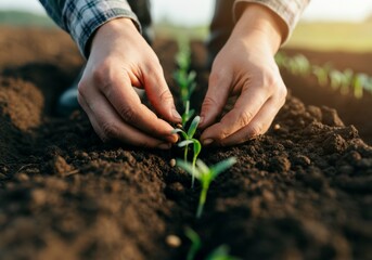 Fototapeta premium Hands planting seedlings in fertile soil on a farm for sustainable agriculture