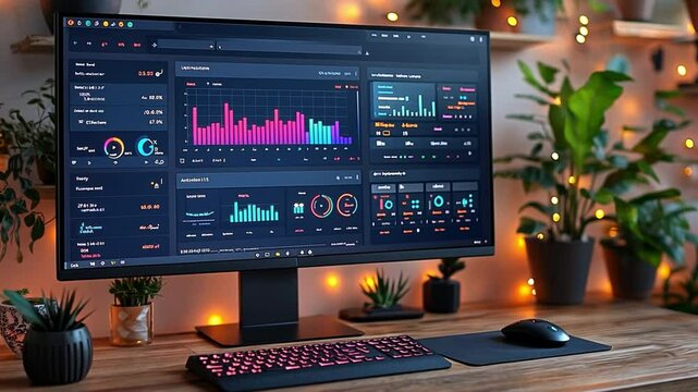 Tech Oasis: A contemporary workstation showcasing a cutting-edge computer monitor displaying intricate data visualizations and insights. 