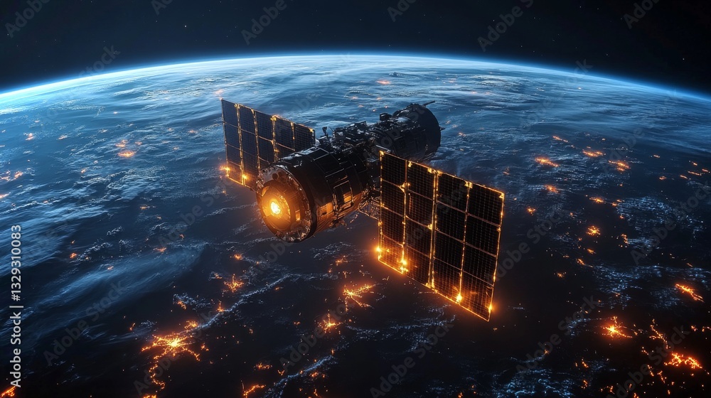 Poster a sophisticated satellite orbits earth, equipped with solar panels, transmitting important telemetry