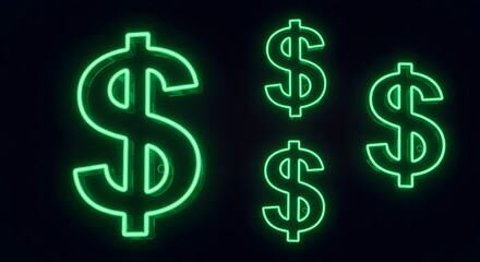 Obraz premium Glowing Green Neon Dollar Signs on Dark Background