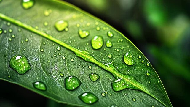 Dewdrops on a vibrant green leaf