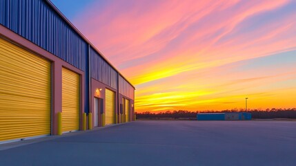 Vibrant sunset illuminating a storage facility with colorful skies and serene surroundings