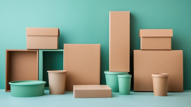 A collection of cardboard boxes and containers in various shapes and sizes against a teal background, showcasing eco-friendly packaging solutions.