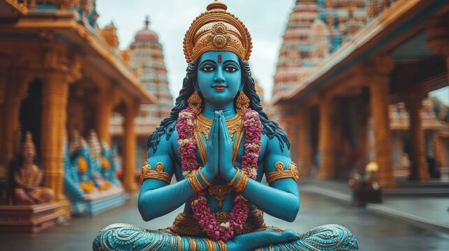 Blue deity statue in temple courtyard