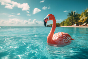 Fototapeta premium Bright inflatable flamingo floating in tropical water
