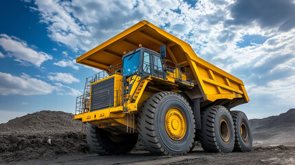 Fototapeta premium Perspective View of a Yellow Dump Truck Under a Cloudy Sky.
