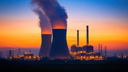 Sunset Silhouette of Power Plant: Cooling Towers, Emissions, and Electrical Grid at Dusk