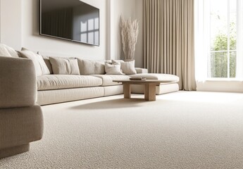 Modern living room with beige sectional sofa, carpet, and large window.