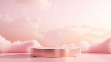 A podium Soft pink clouds cradle a rose gold pedestal in a dreamy, ethereal scene.