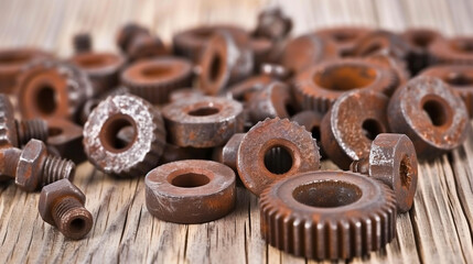 Rusty metal gears and bolts on a weathered wooden workbench, close up of mechanical wear, repair tools and industrial texture details