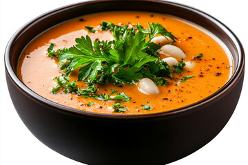 bowl of tomato soup with white beans isolated on a transparent background, png file