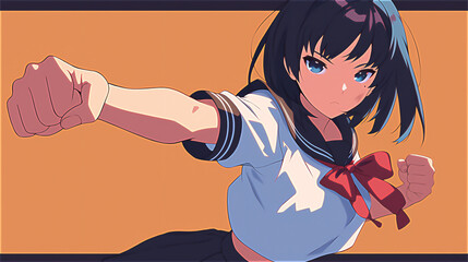 Fierce anime schoolgirl throwing a strong punch in a battle stance