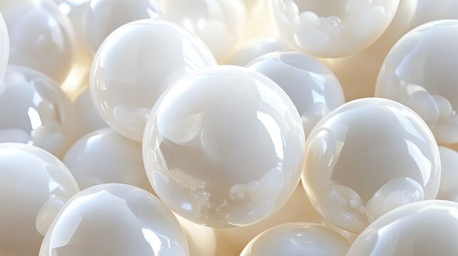 Closeup of Many Glistening White Spheres with Internal Bubbles and Soft Lighting