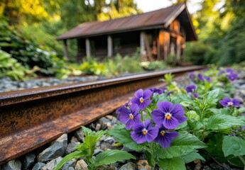 Purple Pansies Near Rusty Train Tracks and Old Cabin