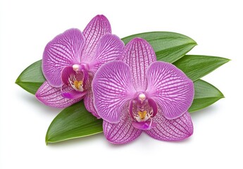 Fototapeta premium Purple Orchids with Green Leaves on White Background