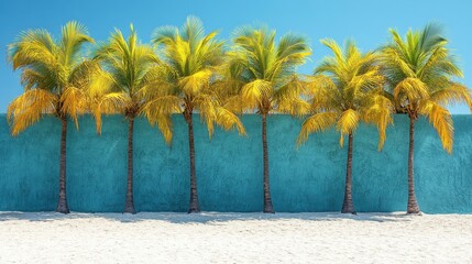 Palm Trees Against Blue Wall on Beach