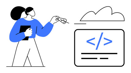 Female coder holding a tablet while uploading code to the cloud server. Ideal for technology, programming, cloud storage, software development, coding concepts, digital workflow, flat simple metaphor