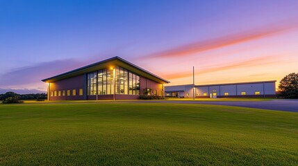 Modern industrial building at sunset with vibrant sky and well-maintained lawn in foreground