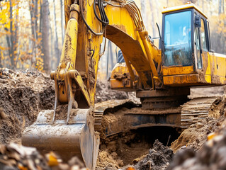 Fototapeta premium Excavator digging a trench in the forest during autumn