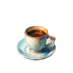 Obraz premium Watercolor Illustration of a Cup of Black Coffee on a Saucer, Isolated on Transparent Background