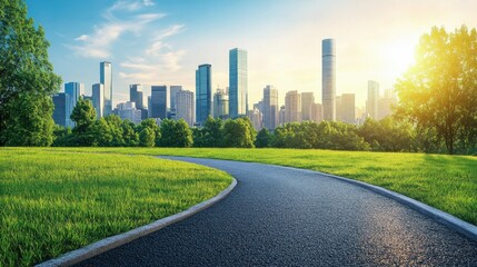 Sunny City Park with Skyscrapers Background