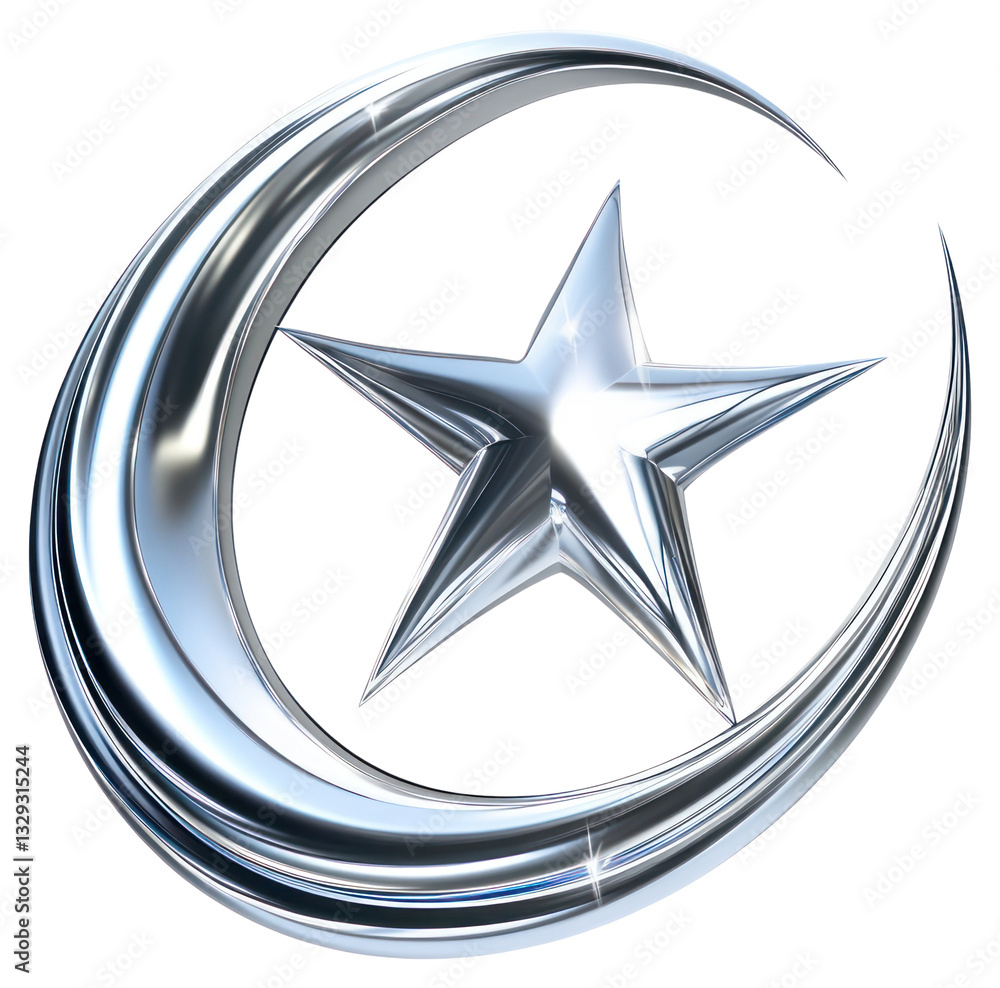Poster png a shooting star with a dynamic trail wrapping around a crescent moon and intersecting a circular