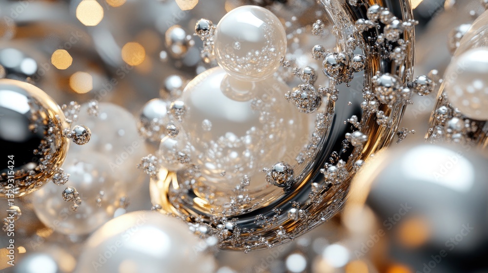 Poster abstract 3d render of sparkling silver and white bubbles floating in a swirling motion