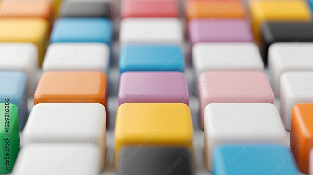 Poster colorful square objects arranged in rows creating vibrant pattern design